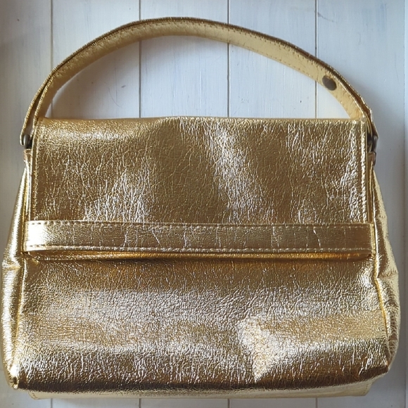 1960s Vintage Retro Gold/Silver Foil Convertible Vinyl Handbag Adjustable Strap - Picture 1 of 15